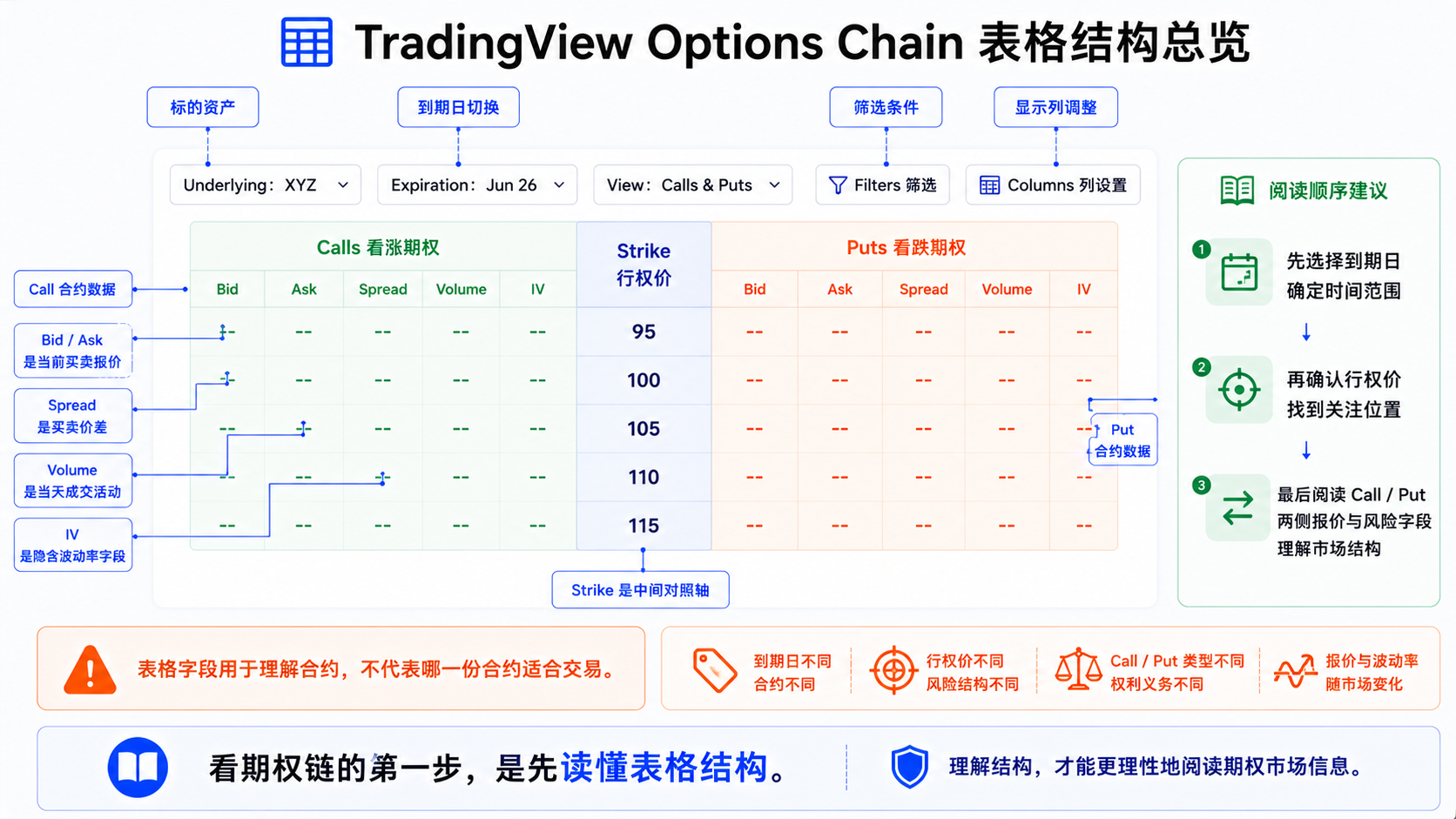 TradingView Options Chain 表格结构总览：左侧 Call、中间 Strike、右侧 Put 及常见字段列