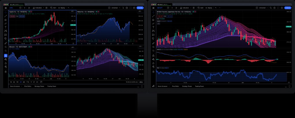 TradingView desktop on dual monitors: multi-chart layout on the left, single-symbol analysis on the right
